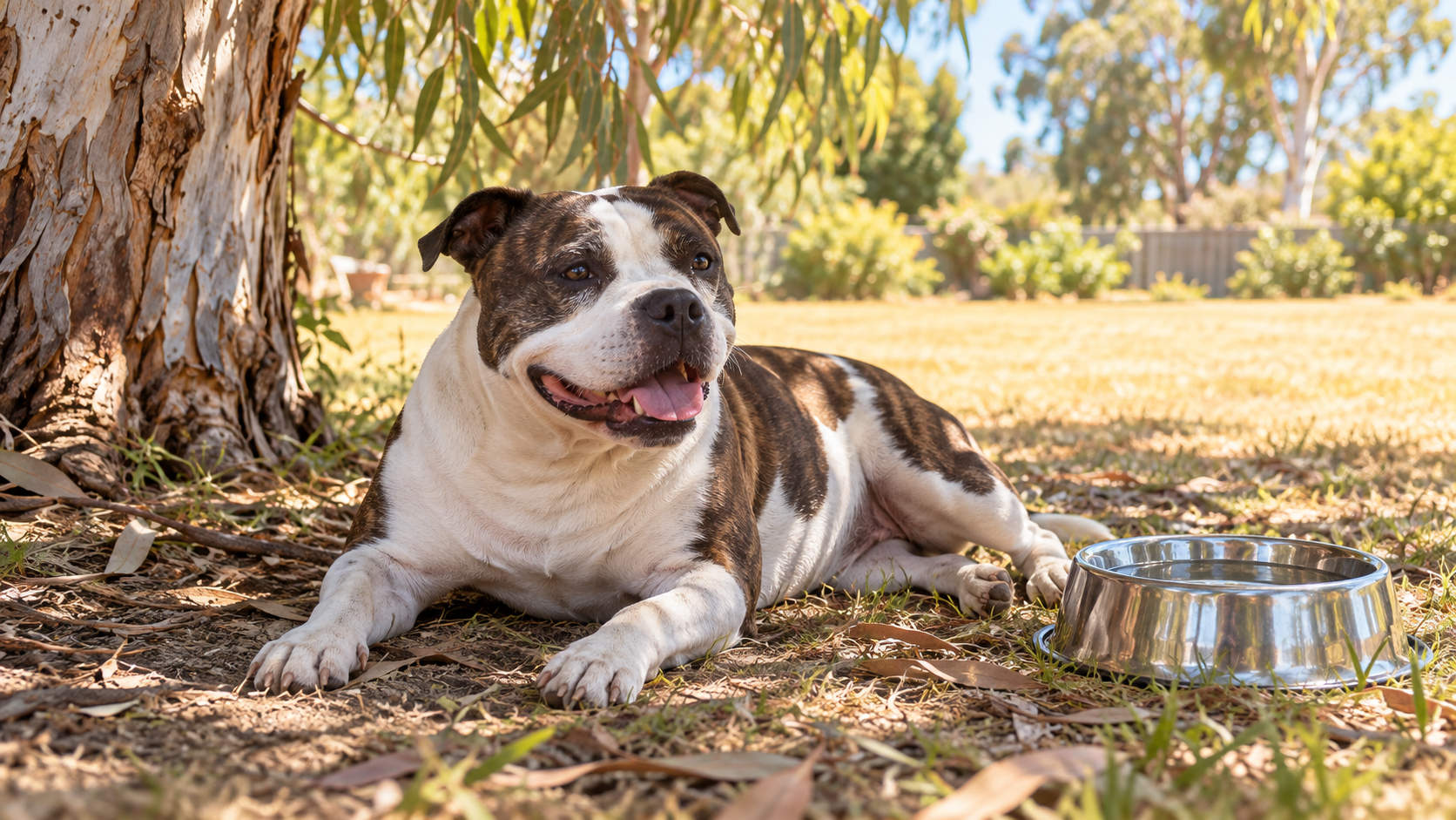 Pied Staffy Resting Shared Water Bowl