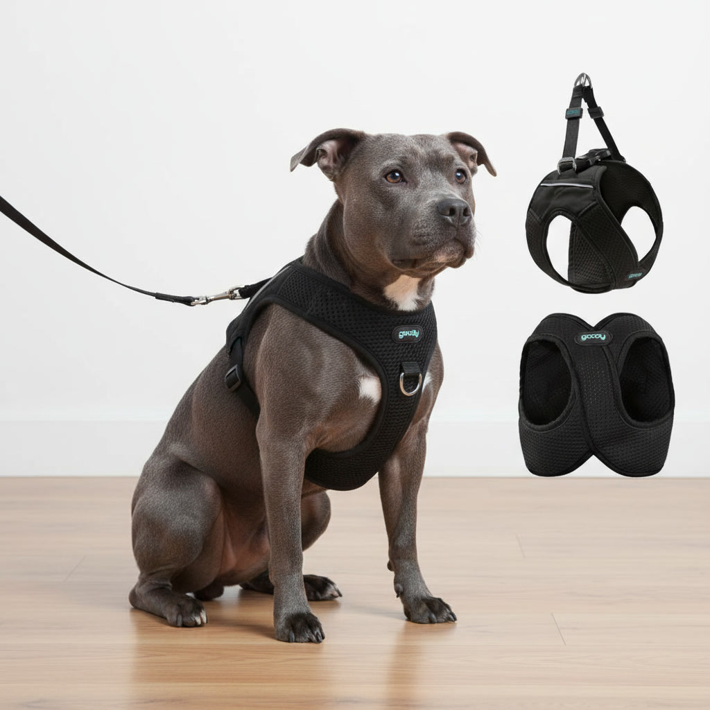 Blue Staffordshire Bull Terrier wearing the Gooby Escape Free Easy Fit step-in harness on a lead