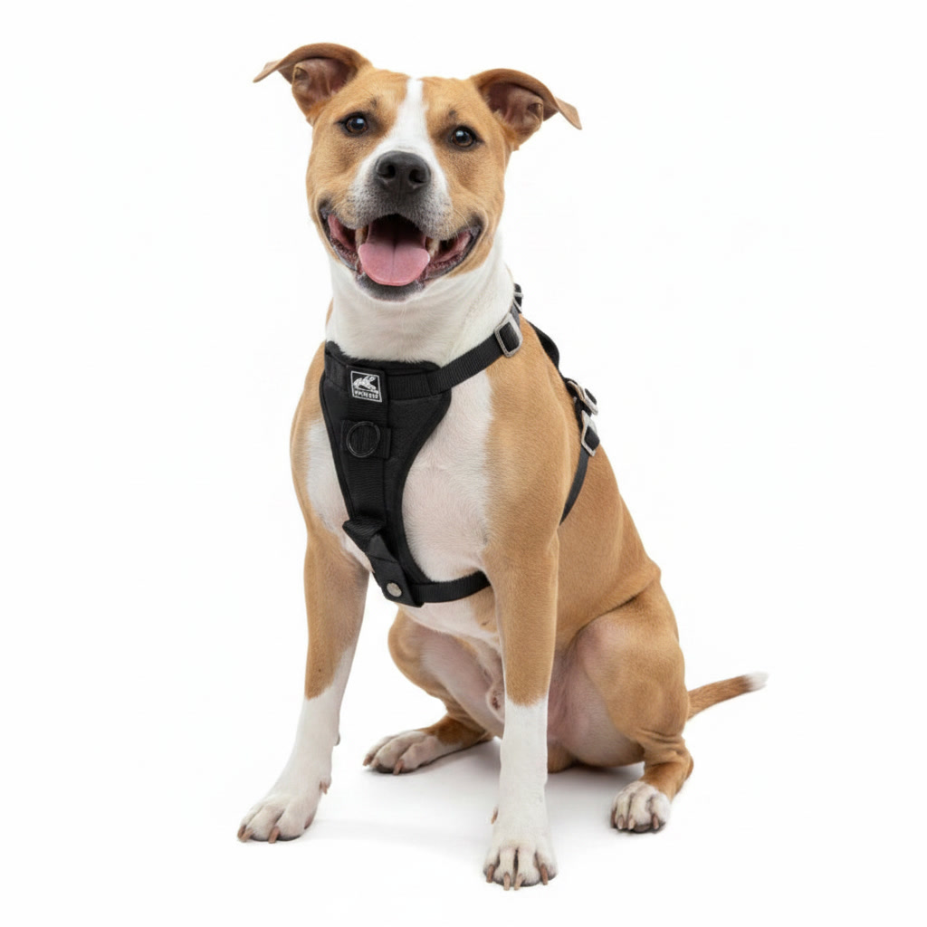 Dog wearing the Kurgo Tru-Fit Enhanced Strength harness, showing the padded chest plate and front leash attachment ring
