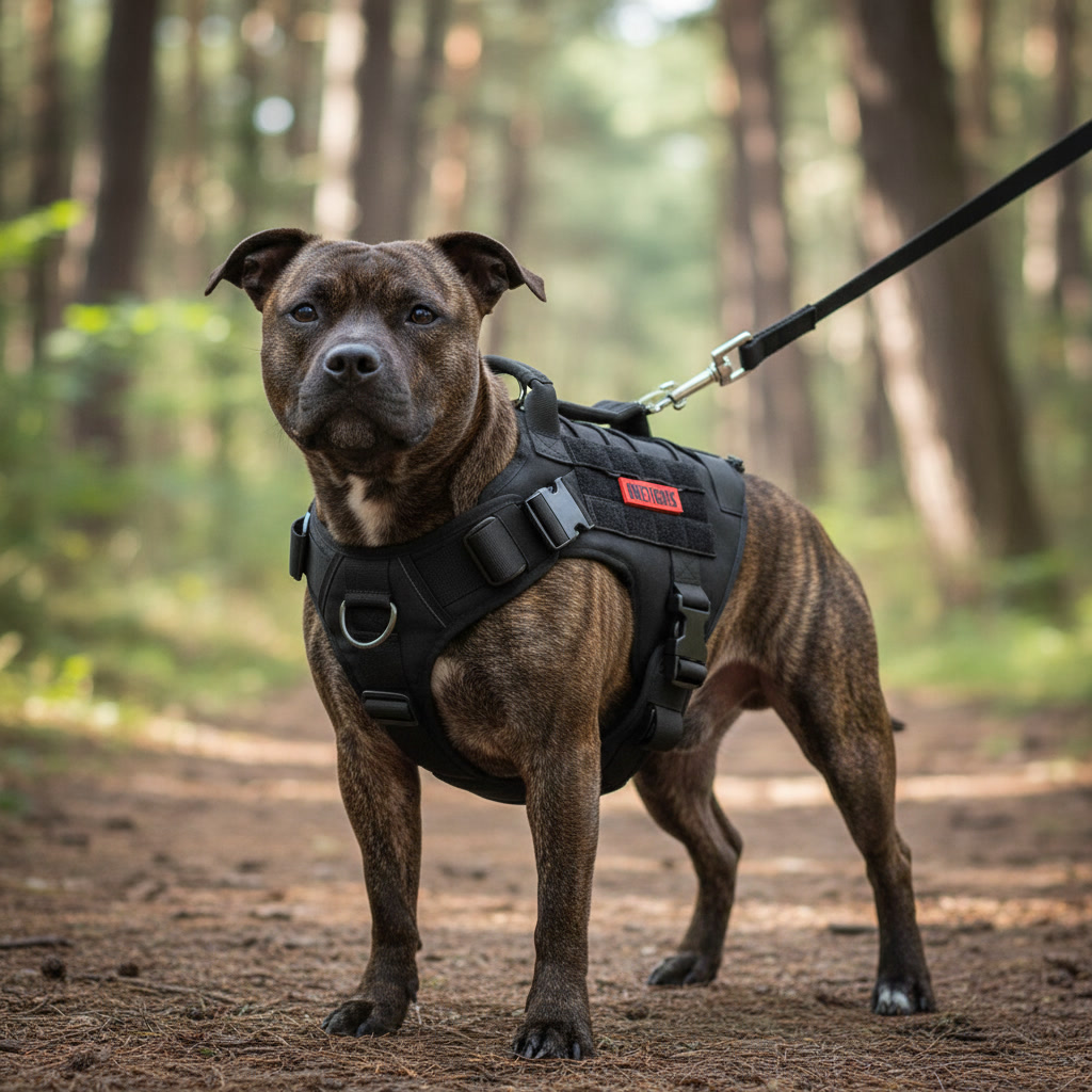 Brindle Staffordshire Bull Terrier on a woodland trail wearing the OneTigris tactical front-clip harness