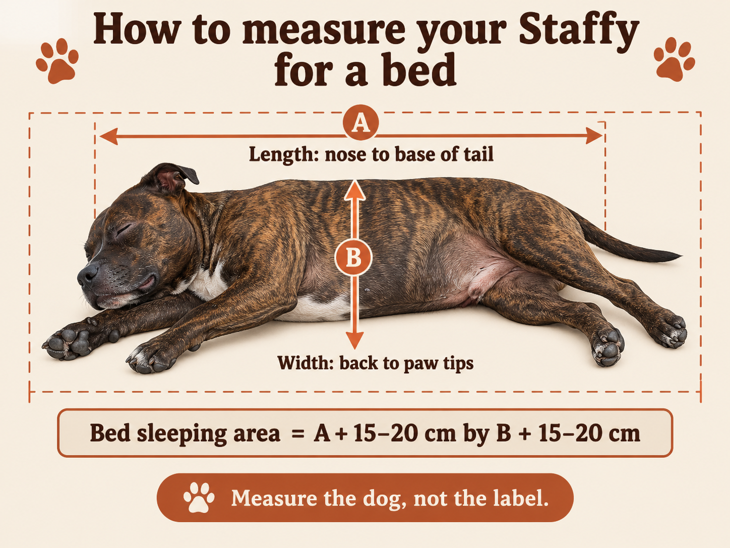 Diagram showing how to measure a Staffy lying stretched out, nose to base of tail, plus 15 to 20 cm