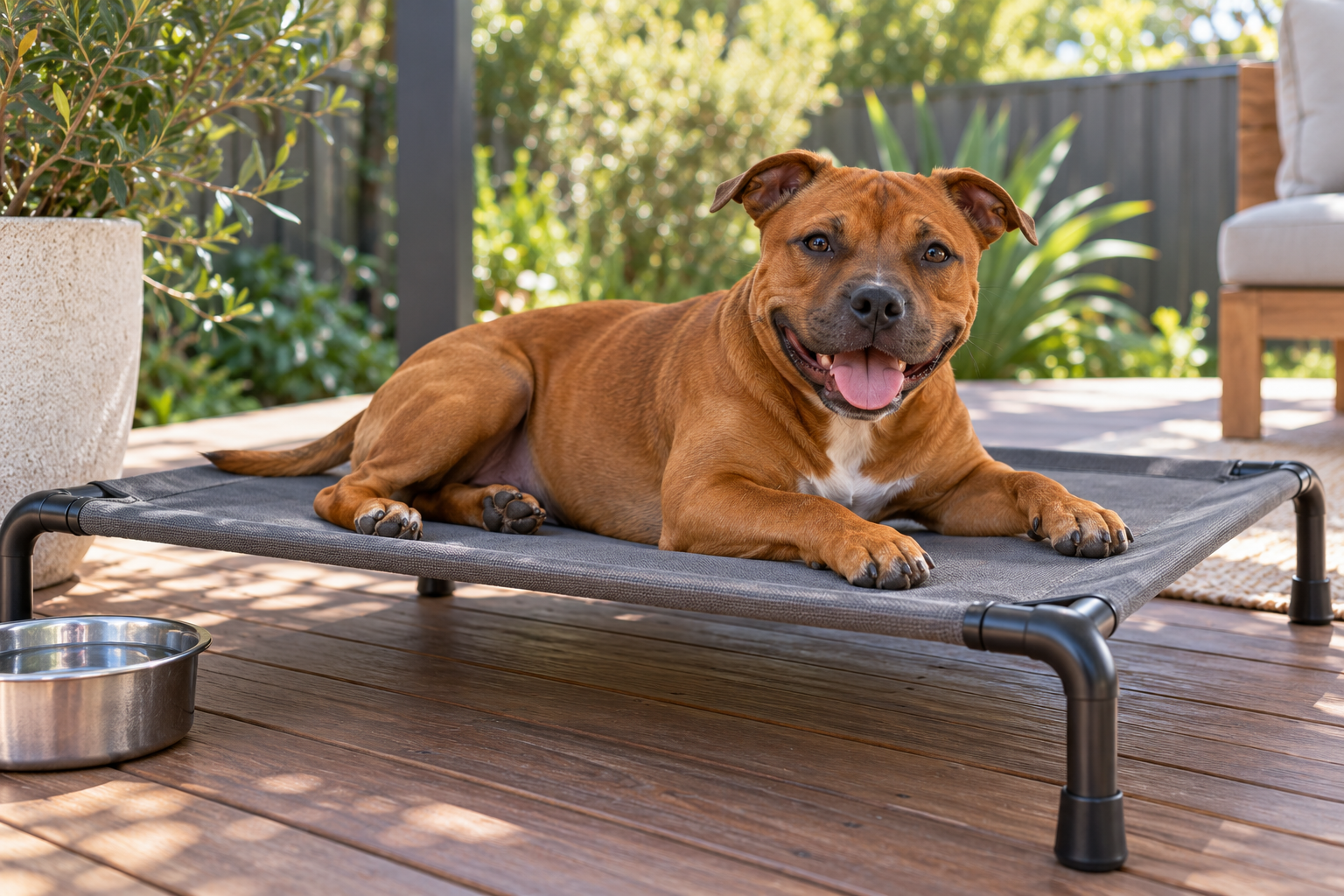 Red Staffordshire Bull Terrier lying on a plain raised mesh dog bed on a shaded timber deck