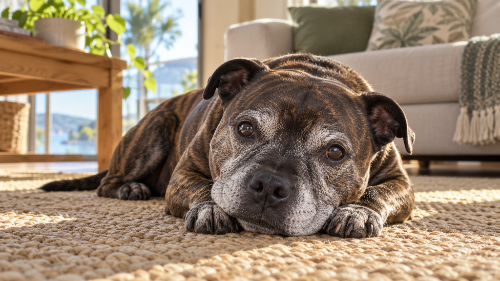 Senior Brindle Staffy Grey Muzzle Senior brindle Staffordshire Bull Terrier with a greying muzzle relaxing on a rug at home