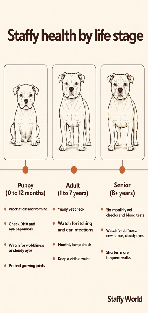 Staffy Health by Life Stage Timeline Timeline infographic of Staffy health checks for puppies, adults and senior Staffordshire Bull Terriers