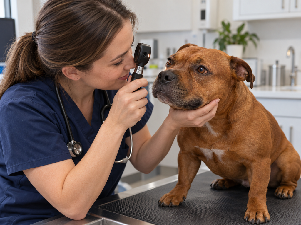 Vet Checking Red Staffy Eyes Vet gently checking the eyes of a calm red Staffordshire Bull Terrier with a small light
