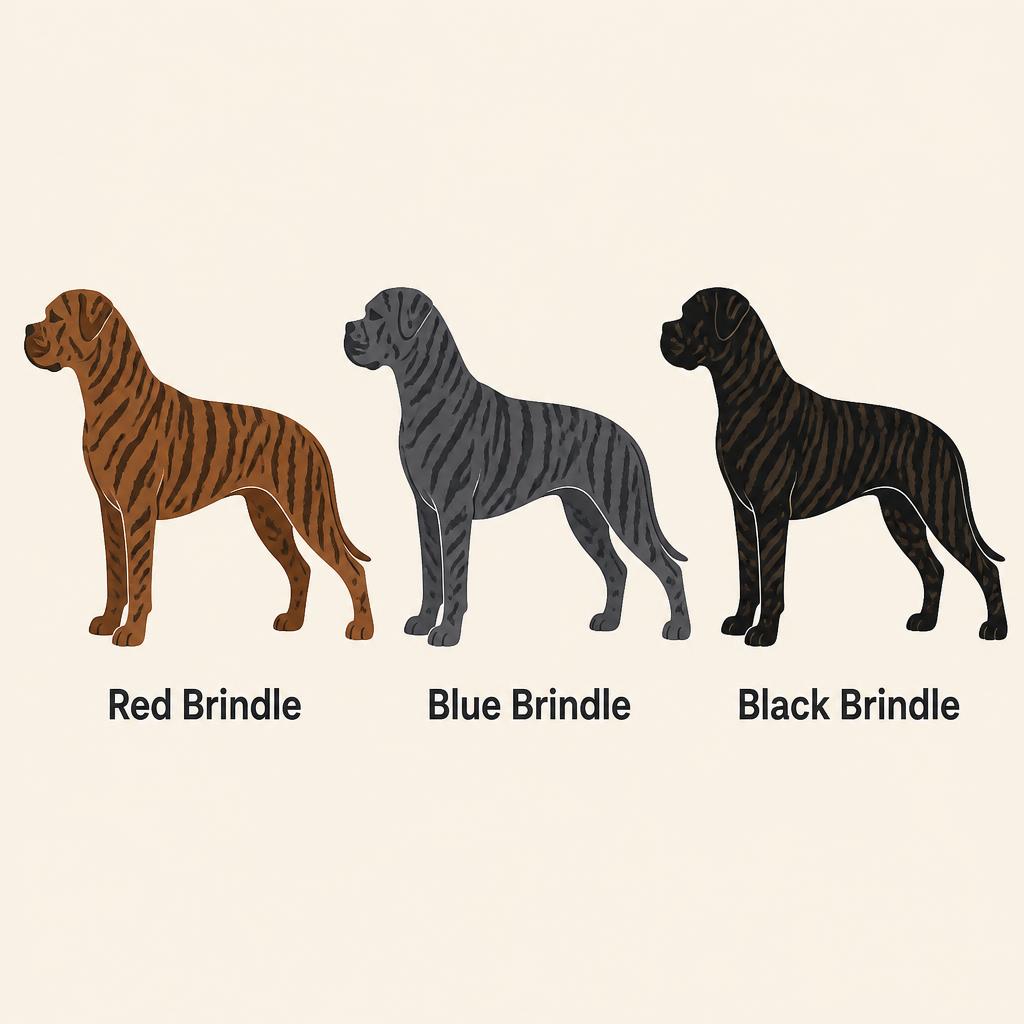 Diagram showing brindle pattern over different Staffy base colours.