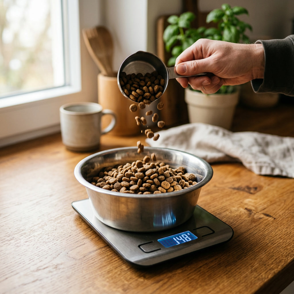 Weighing dry dog food to portion an adult Staffy's daily feed.