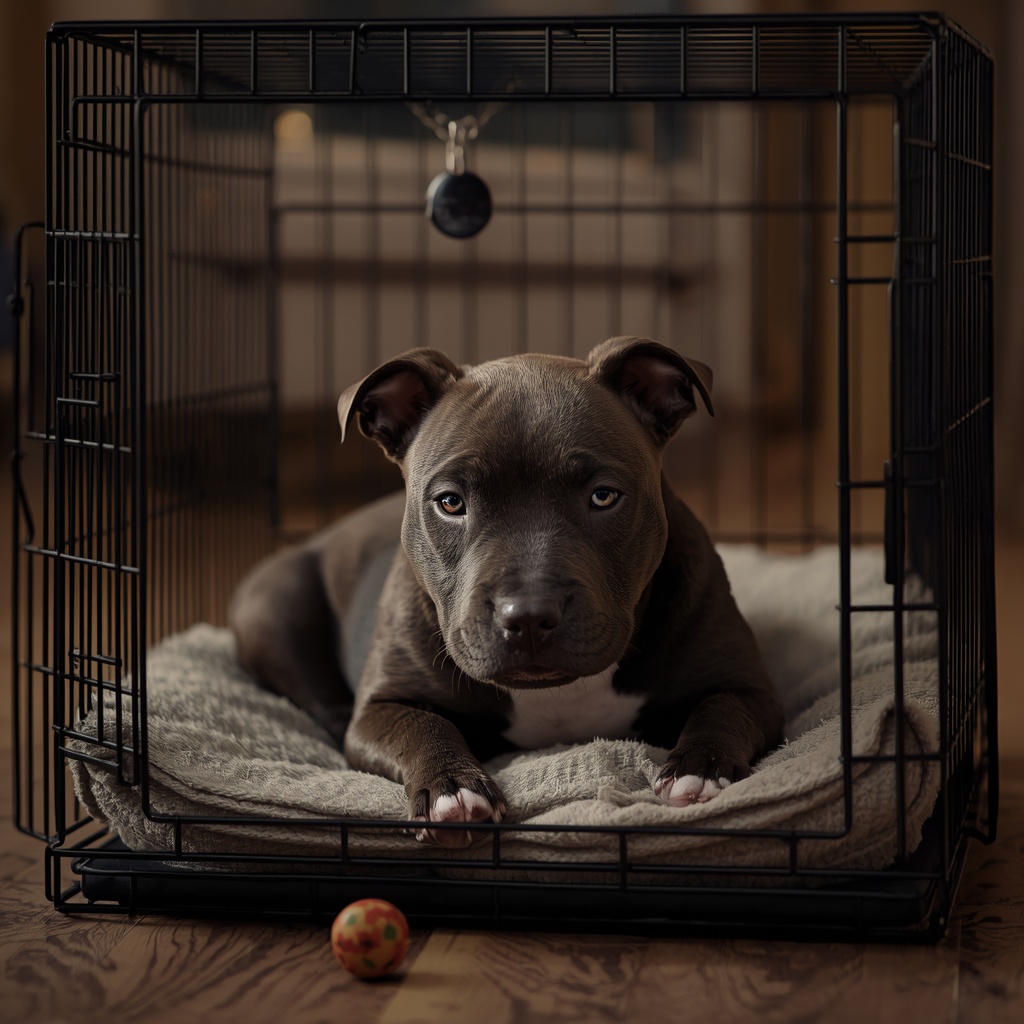 Staffy puppy resting calmly inside an open crate with bedding
