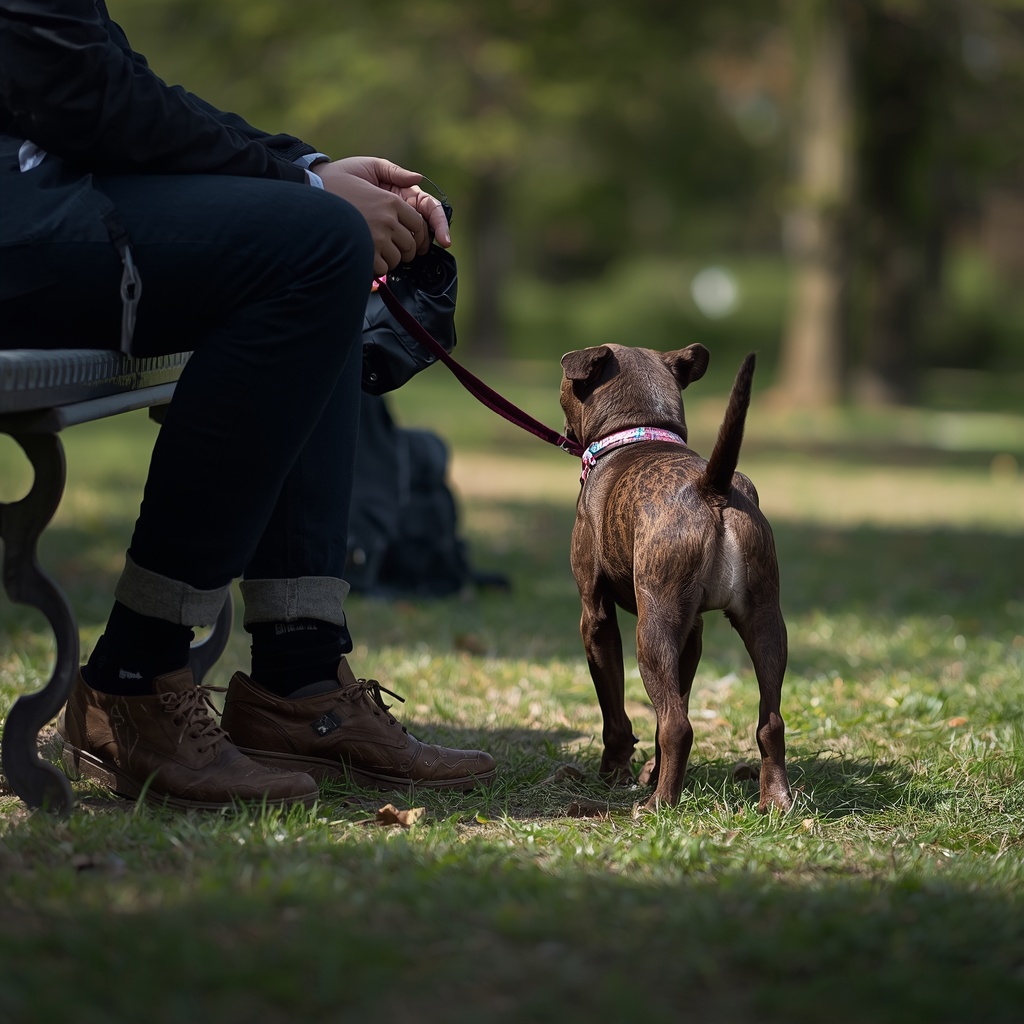 Staffy puppy on lead calmly meeting a seated adult in a park