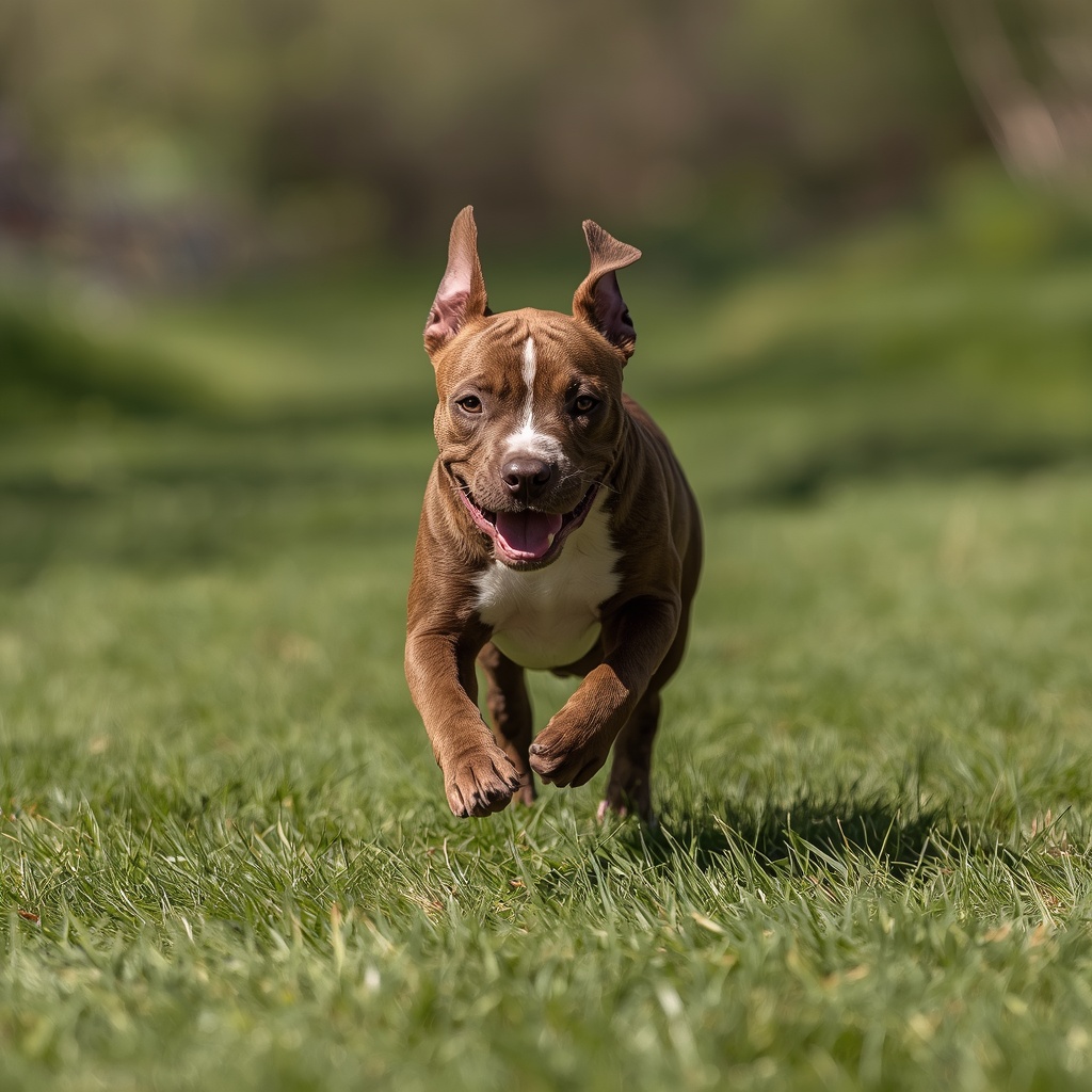Staffy puppy running toward owner during recall training