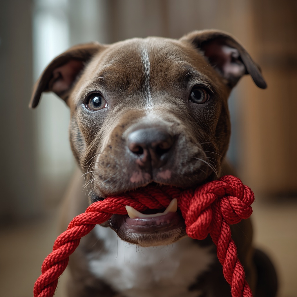 Staffy puppy chewing a rope toy during redirect training