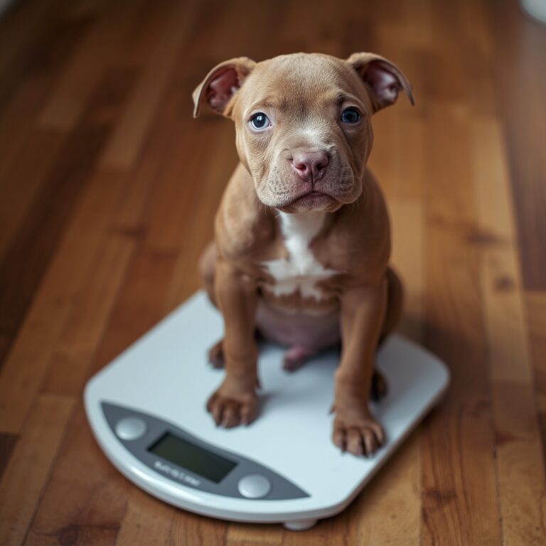 Staffy puppy being weighed to track growth.
