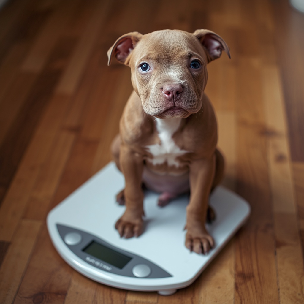 Staffy puppy being weighed to track growth.