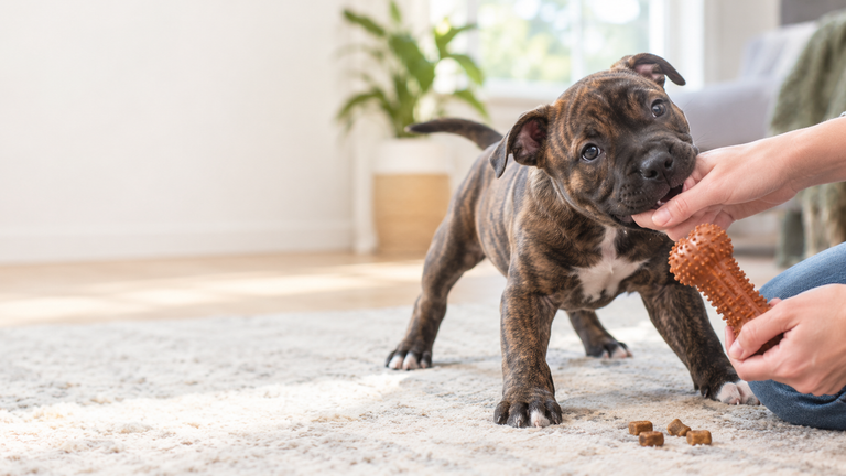 Brindle Staffordshire Bull Terrier puppy playfully biting a person's hand while being redirected to a chew toy