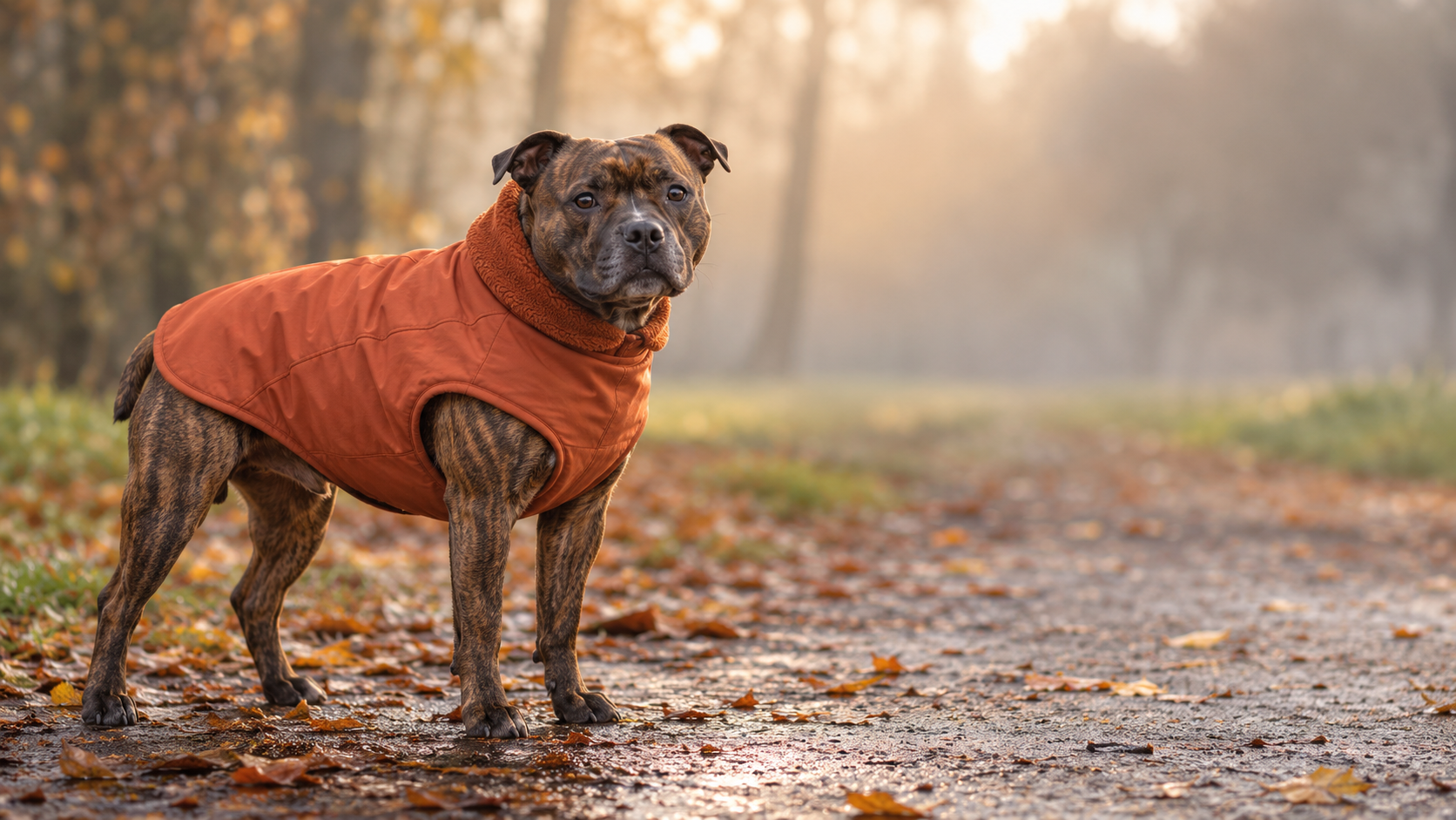Brindle Staffordshire Bull Terrier wearing a fleece-lined waterproof dog coat on an autumn walk