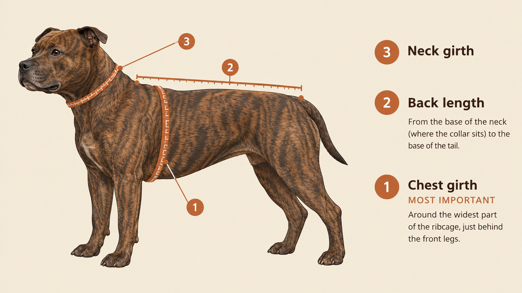 Diagram showing where to measure a Staffordshire Bull Terrier for a coat: chest girth, back length and neck girth