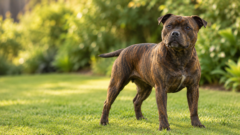Brindle Staffordshire Bull Terrier standing alert in a garden